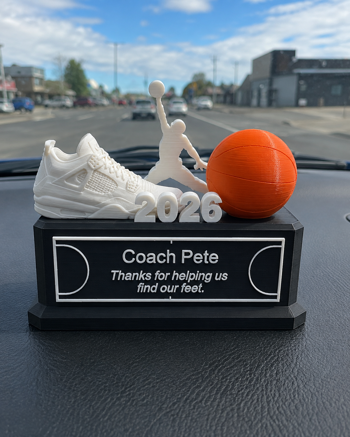 Personalised rugby coach trophy with rugby boot and Gilbert ball
