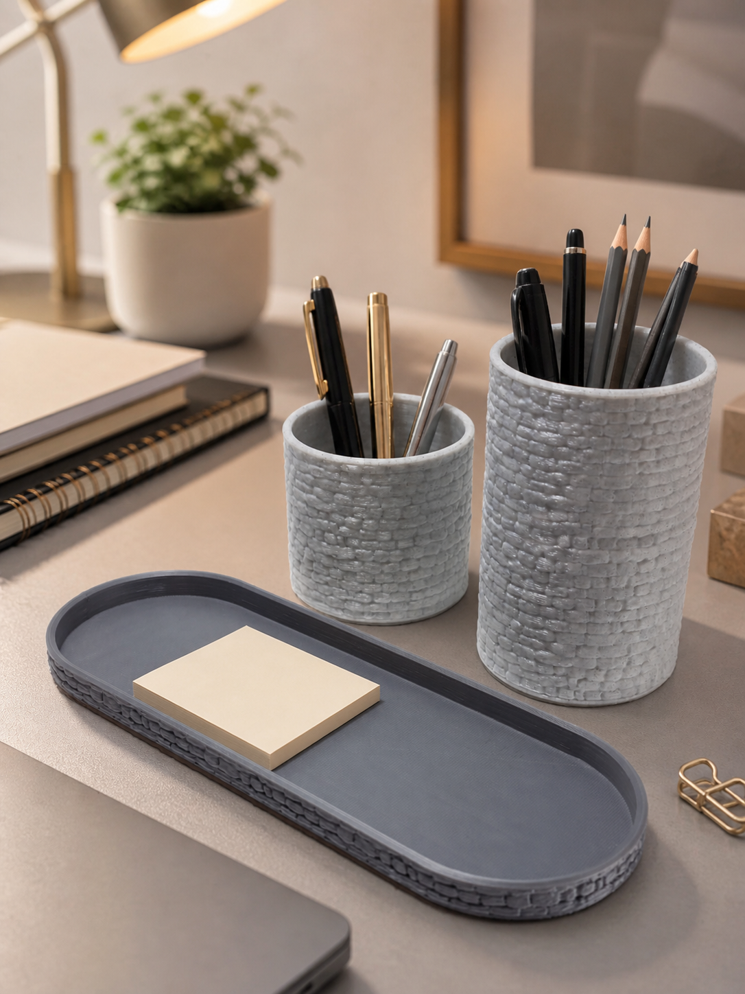 Modern 3D Printed Desk Organiser – Textured Holder & Tray