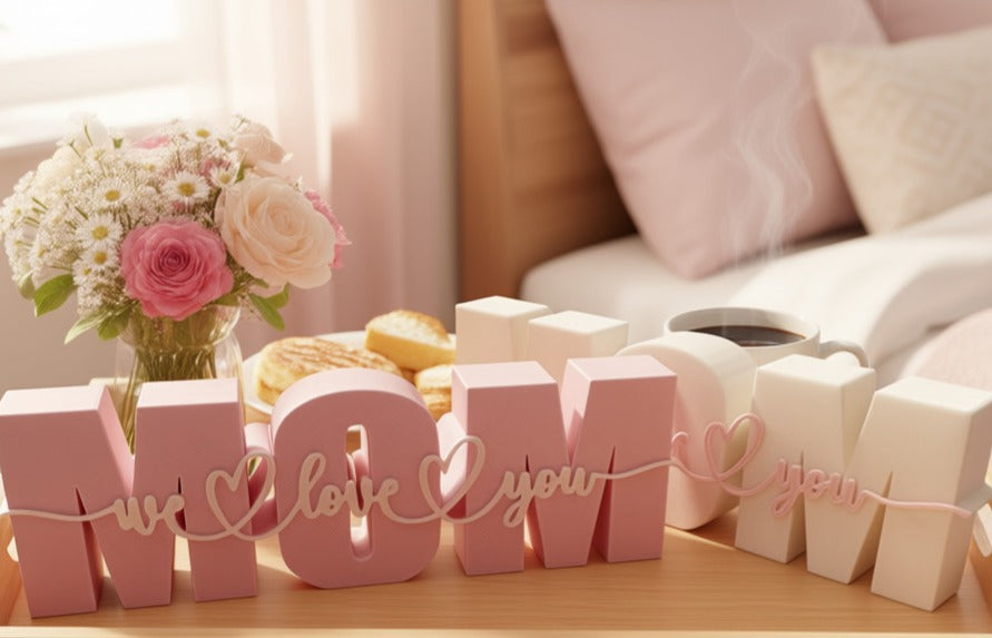 Pink 'MOM I love you' sign with flowers and cookies on a table.