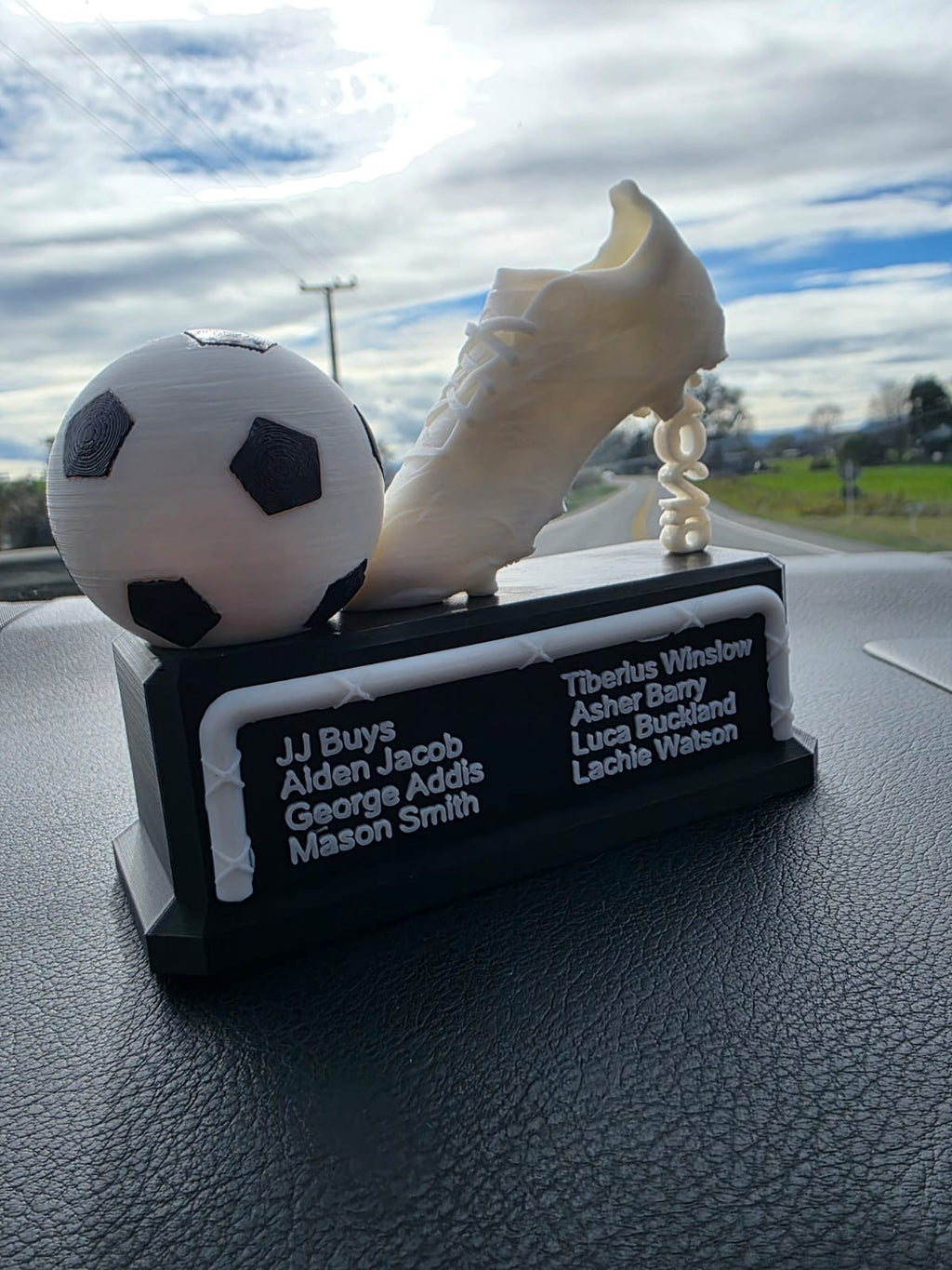 Football coach trophy with goal post base and personalised name plate